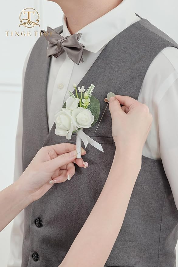 TINGE TIME 2PCS Boutonniere for Men, Groom and Groomsmen Boutonniere for Wedding, Prom, Homecoming, Anniversary, Graduation(White)