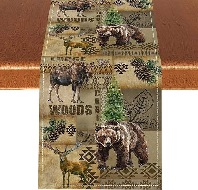 Rustic Cabin Table Runner, Farmhouse Deer Bear Retro Pine Forest Native Aztec Wild Animal Seasonal Coffee Table Center Decor for Home Kitchen Dining Holiday Party Table Decorations 13x108 inches