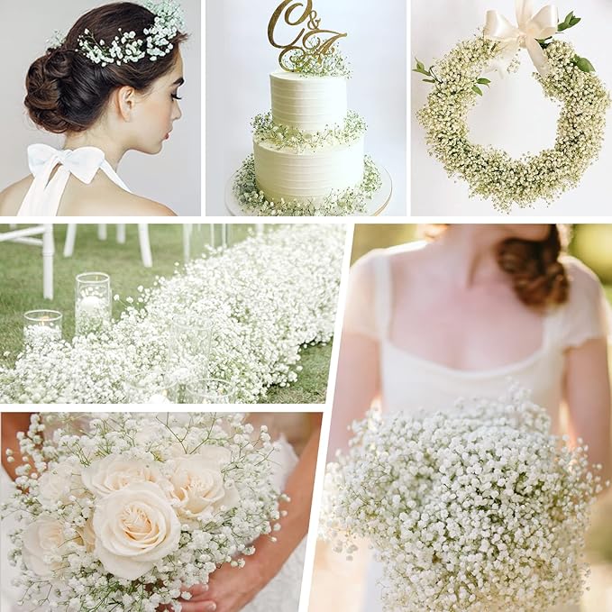 Yastouay Babys Breath Artificial Flowers, 16Pcs Fake White Babys Breath Flowers Artificial Bulk, Real Touch Faux Babies Breath Gypsophila Bouquet for Wedding Floral Arrangement Party Decor