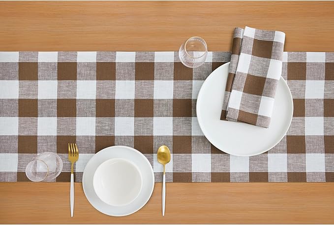 Solino Home Checkered Table Runner 108 Inches Long - 100% Pure Linen Coco Brown and White Buffalo Check Table Runner 14 x 108 Inch Ideal for Dining