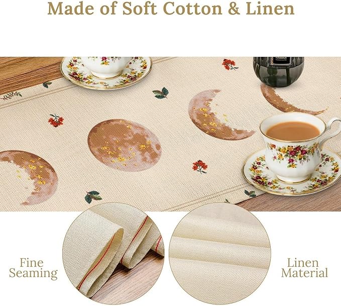 Gothic Moth Table Runner, Boho Floral Gothic Sun Moon Phase Mystical Witchy Starlight Coffee Table Center Decor for Home Kitchen Dining Patio Holiday Party Table Decorations 13x36 inches