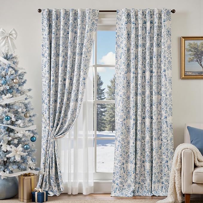 jinchan Floral Blackout Curtains for Bedroom Living Room 96 Inches Length Farmhouse Curtains Room Darkening Vintage Drapes Traditional Rod Pocket Window Treatment 2 Panels Set Blue on Beige