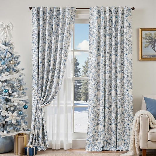 jinchan Floral Blackout Curtains for Bedroom Living Room 96 Inches Length Farmhouse Curtains Room Darkening Vintage Drapes Traditional Rod Pocket Window Treatment 2 Panels Set Blue on Beige
