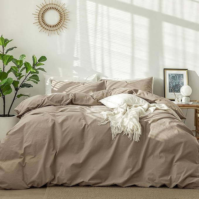 MooMee Bedding Duvet Cover Set 100% Washed Cotton Linen Like Textured Breathable Durable Soft Comfy (Solid Mocha Brown, Queen 90"x90")