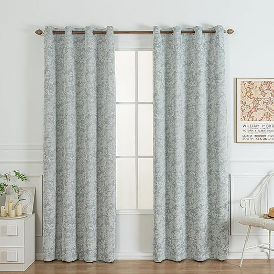 Chenille Floral Blackout Curtains 84 Inch Length 2 Panels Set - Bedroom Living Room Darkening Thermal Insulated Black Out Window Treatments Grommet Jacquard Drapes 52 Inch Wide Blue