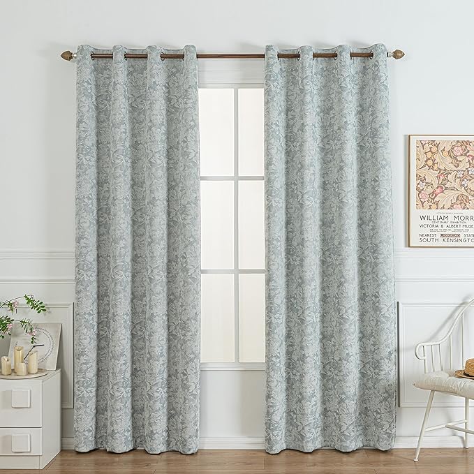 Chenille Floral Blackout Curtains 108 Inch Length 2 Panels Set - Bedroom Living Room Darkening Thermal Insulated Black Out Window Treatments Grommet Jacquard Drapes 52 Inch Wide Blue
