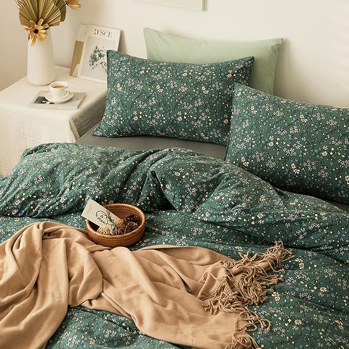HighBuy Jersey Knit Duvet Cover Twin Green Floral Bedding Set 100% T-Shirt Cotton Comfy Bedding Sets Super Soft Garden Chic Knit Comforter Cover Twin Size