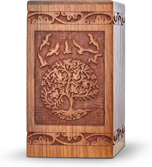 INTAJ Handcarved Wooden Cremation Urn for Human Ashes - Tree of Life Design, 250 lbs Capacity, Suitable for Adult Men and Women - Decorative Funeral Urn Box and Casket - Wooden Carved Box