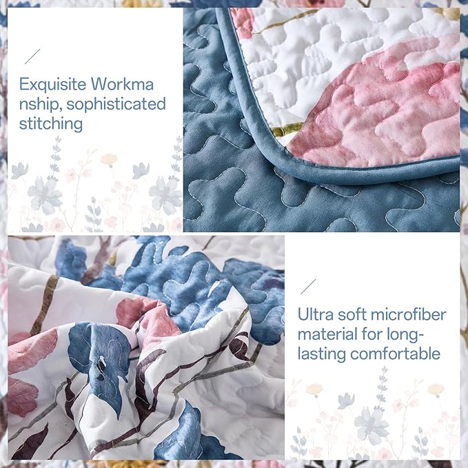 Anibedding Dark Blue Quilt Set Full Size, Floral Bedspread Soft Microfiber Lightweight Quilt Bedding Sets Flower Coverlet for All Season(Full,78"x90")