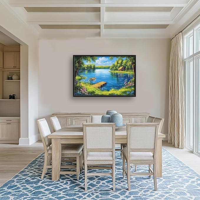 Large Green Lake Wall Art for Living Room, Framed Oversized Tree Boat Wildflowers Wall Decor Nature Landscape Canvas Painting Modern Artwork for Bathroom Bedroom Office Dining Room 36"x24"