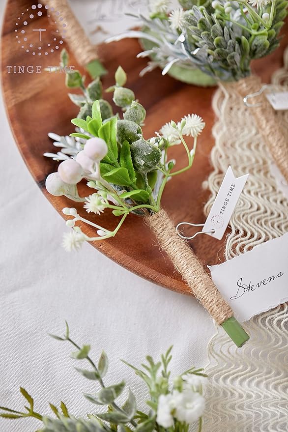 TINGE TIME Boutonniere for Men Wedding,Artificial Greenery Boutineers for Wedding Ceremony Anniversary, Formal Dinner Party and Rustic Spring Wedding Marriage (10, Fresh Green)