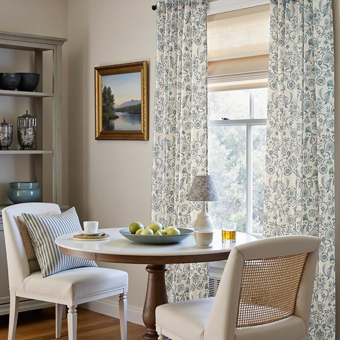 jinchan Linen Floral Curtains for Living Room with Printed Flower 96 Inches Long Light Filtering Farmhouse Window Treatment Vintage Drapes Back Tab Rod Pocket 2 Panels Blue on Beige