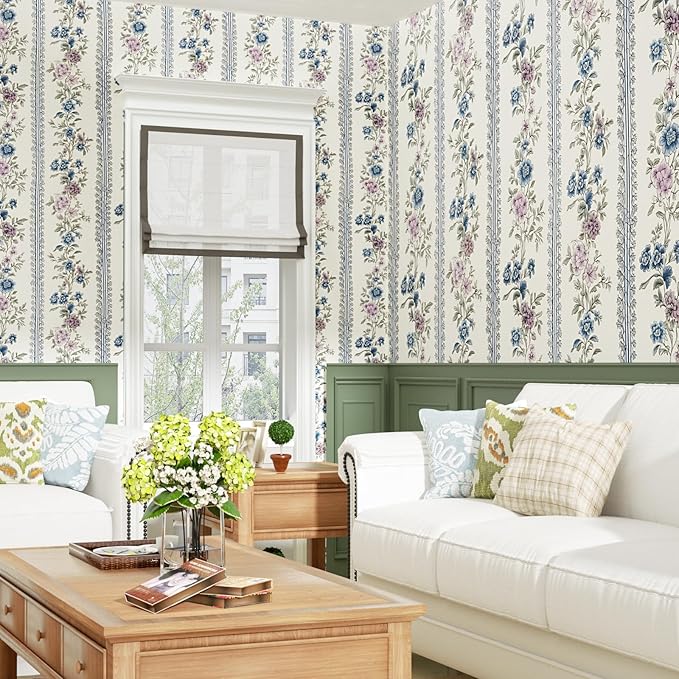 Vintage Floral Wallpaper Peel and Stick Boho Wallpapers 17.5in x 9.8ft Blue/Beige Floral Wall Mural Vinyl Removable Self Adhesive Nursery Modern Wallpaper for Bookshelf Cabinets Bathroom Walls