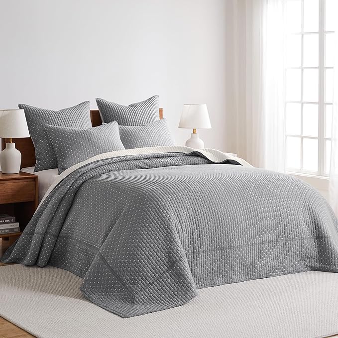 Levtex Home Cross Stitch Reversible King Bedspread Set (120x104in) with 2 Pillow Shams (36x20in) - Stitch Texture - Grey and White - Cotton King Size Bedspread Set - Soft, Pre-Washed