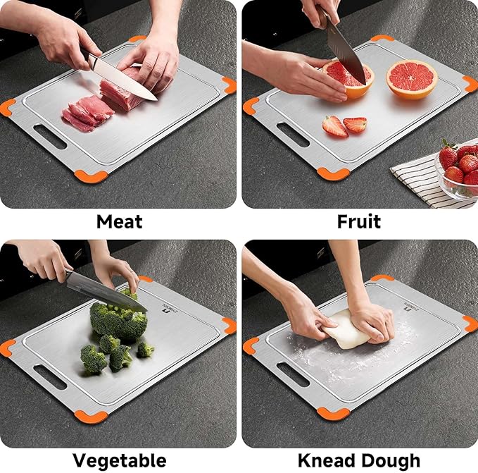 100% Pure Titanium Cutting Board with Grooves, Update Double Side Titanium Chopping Board, Silicone Anti-slip Stainless Cutting Boards for Kitchen 9 * 13 IN, Orange