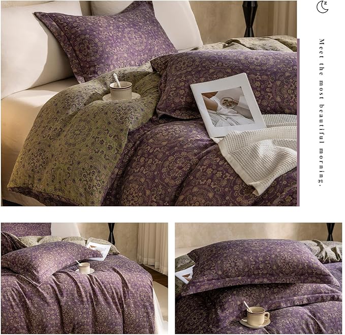 VM VOUGEMARKET Purple Green Duvet Cover Queen,3 Pieces Retro Boho Medallion Jacquard Flower Bedding Set,Linen Cotton Yarn-Dyed Textured Duvet Cover with Zipper Closure