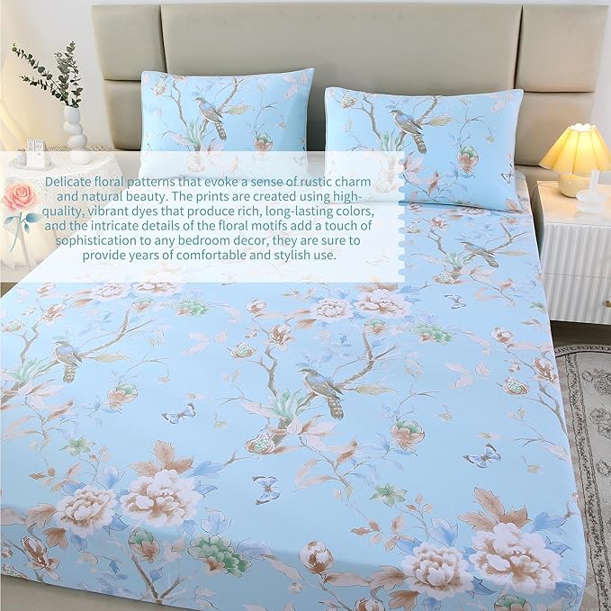 RYNGHIPY Egyptian Cotton Bed Sheet Set Blue Bird Botanical Pattern Bed Sheets Deep Pocket Fitted Sheet Tree Branches Print Bedding Soft Breathable (Light Blue,Full Size)