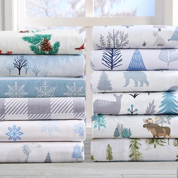 Market & Place 100% Cotton Queen Flannel Sheet Set | 4 Piece Deep Pocket Novelty Cozy Winter Bed Sheets | Double Brushed for Extra Softness & Comfort | Alpine Collection (Queen, Winter Landscape)