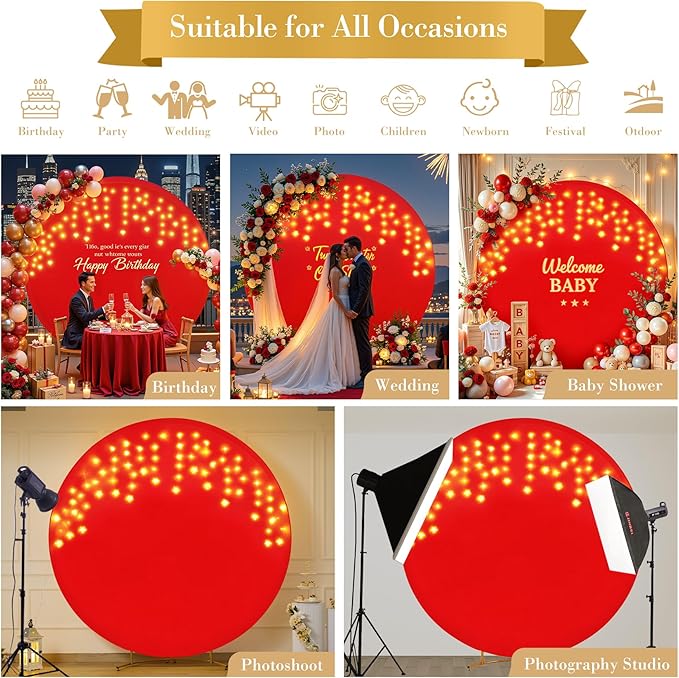 7.2 FT Red Round Backdrop Cover with Lights String for Circle Arch Stand Circle Backdrop Covers with LED Fairy Lights for Wedding Arch Baby Shower Birthday Party Photo Shoot Photography Background
