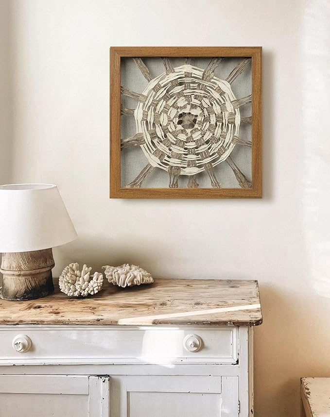FOLKOR Framed Wall Art for Modern Home Office Apartment, 12" 3D Starburst Shadow Box Wall Accent for Rustic Farmhouse Living Room Bedroom Classroom, Natural Geometric Hanging Artwork Panel