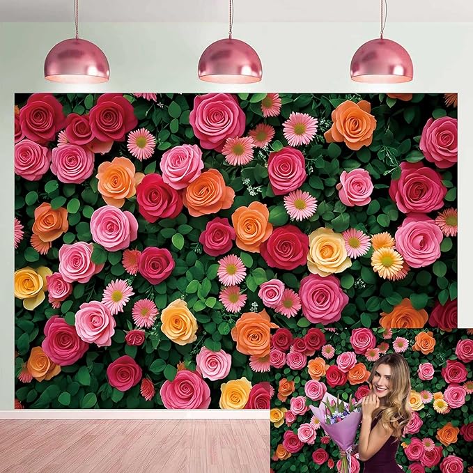 Flowers Backdrop for Photography Colorful Rose Floral Green Leaf Wall Backdrop for Valentine's Day Wedding Bridal Shower Birthday Party Decoration Supplies (82x59 inch (7x5FT))