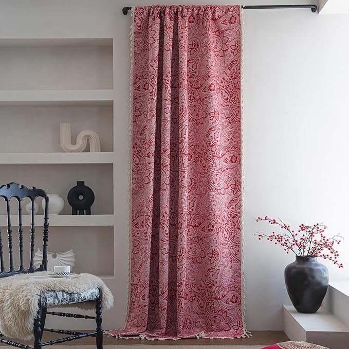 ENJOYBRIDAL Red Paisley 63 Inch Curtains for Bedroom Boho Drapes Semi Sheer Rod Pocket 2 Panels Short Window Curtain Panels for Living Room Farmhouse Jacquard Decorative Vintage Window Treatments