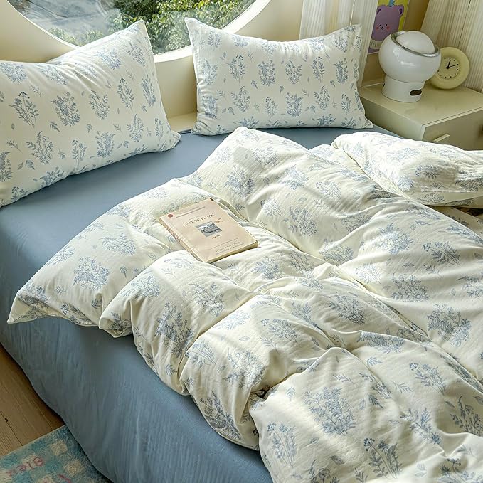 LifeTB Muslin Duvet Cover Set King Vintage Botanical Floral Duvet Cover 100% Cotton Linen Feel Flower Bedding Set Super Soft Gauze Comforter Cover Breathable Lightweight Cottagecore Bedding Set
