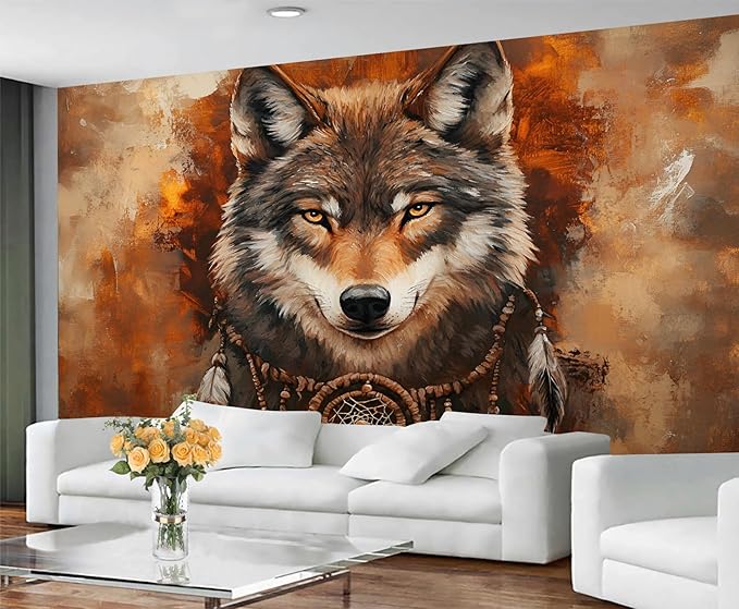 Wolf Dreamcatcher Wall Mural, Tribal Wolf 3D Wall Murals, Feathers Dreamcatcher Animal Totem Wallpaper Mural, for Living Room Bedroom Large Wallpaper Indoor Decor 169.3" W x118.2 H