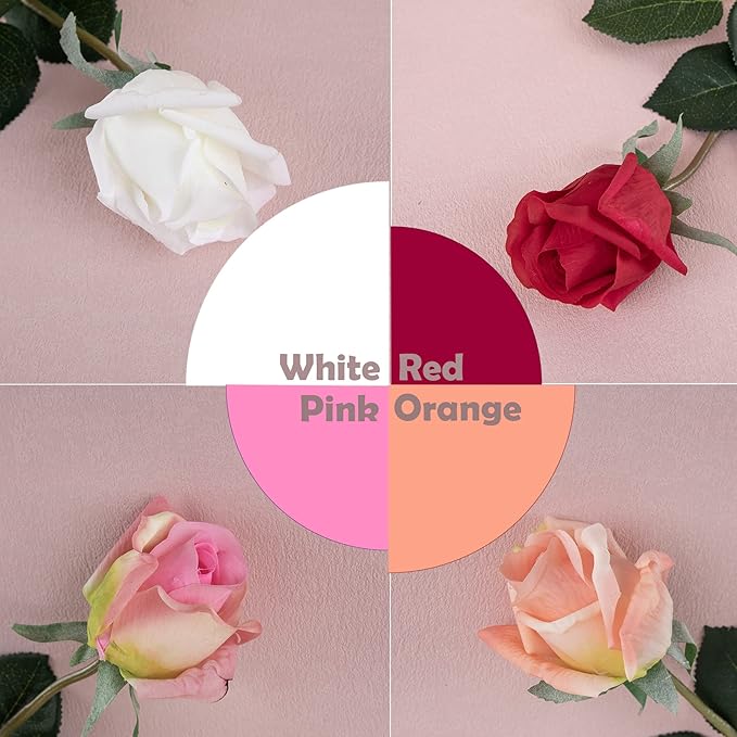 12pcs Half Opened Artificial Rose Buds,17 Inch Real Touch Silk Roses with Partially Opened Flowers, Artificial Flower for Home Décor Centerpiece Wedding Bouquet,White