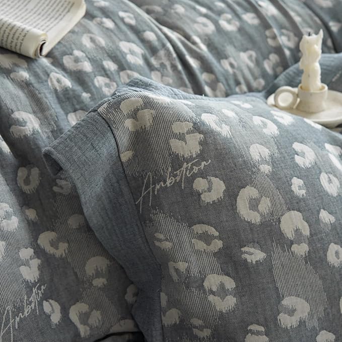 Leopard Print Duvet Cover Full Premium Yarn-Dyed Cotton Linen Jacquard Duvet Cover Grey Leopard Print Bedding Set Aesthetic Floral Leopard Comforter Cover with Zipper Closure Farmhouse Bedding Set