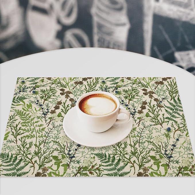 Retro Botanical Placemats Set of 8, 17x12 Inch Rustic Farmhouse Green Leaves Vintage Plants Aesthetic Table Mats for Home Party Kitchen Dining Decor
