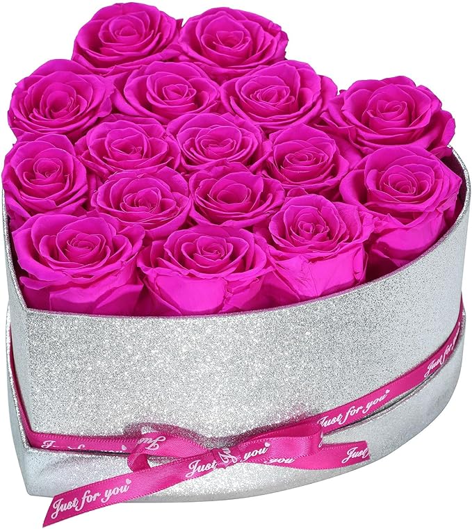 Flowers for Delivery, 16 Hot Pink Preserved Rose in Heart Shaped Box, Real Forever Roses Birthday Anniversary Valentines Day Mothers Day Flowers Gifts for Women Mom.Wife Her