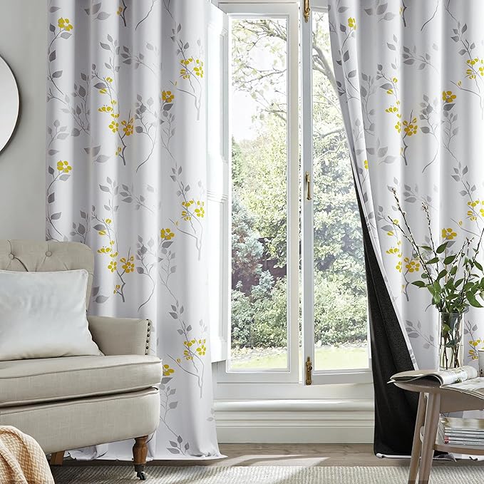 Beauoop Floral 100% Blackout Curtains 72 Inches Long 2 Panels for Bedroom Living Room Yellow Grey and White Flower Patterned Room Darkening Thermal Soundproof Grommet Window Treatments Drapes, 52X72