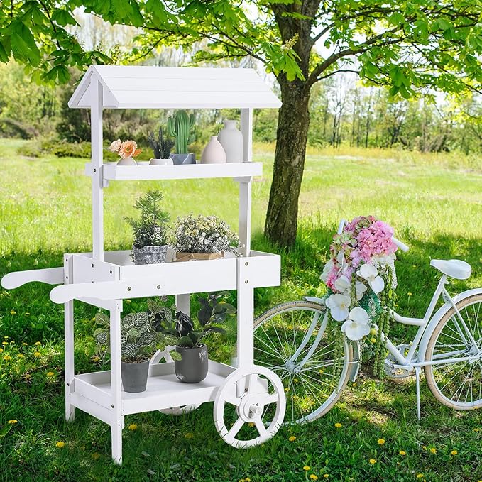 Hanaive Flower Cart Display Stand with Wheels for Bridal Shower Baby Shower Party Large Country Market Vintage Wooden 3 Tier Rolling Table Cart for Display Flower Candy Party Favors and Crafted Items