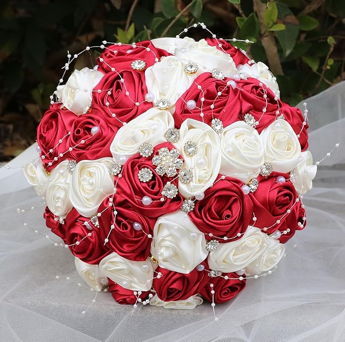Bridal Wedding Bouquet Round Bling Brooch Bouquet Throw Toss Artificial Rose Flower Bunch for Bride Bridesmaid Wedding Quinceanera(Ruby Red & Ivory, 9.8")