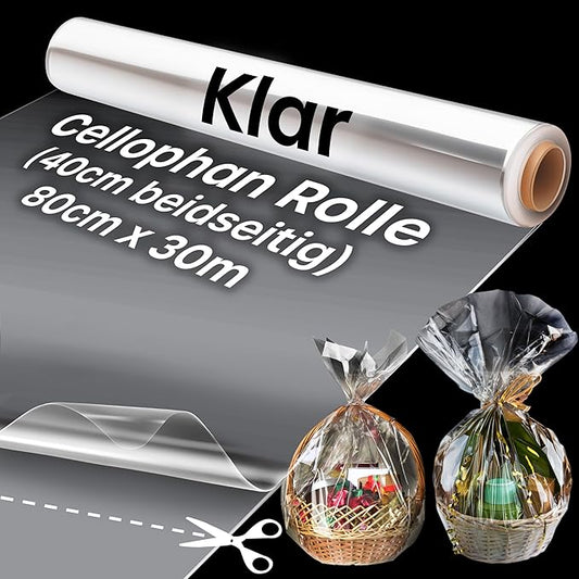 volila Clear Cellophane Wrap Roll (31.5 in x 100 ft) - Folded Cellophane Wrap for Gift Baskets Treats, Flower Wrapping