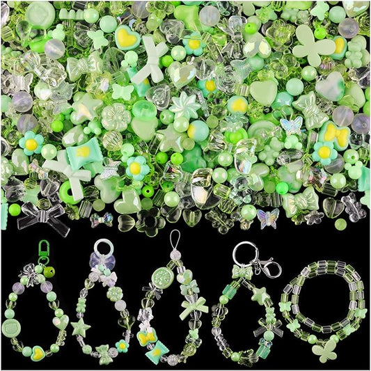 Assorted 200-260PCS Green Acrylic Beads for Bracelet Making, Flower Bow Candy GummyBear Bracelet Charms,Cute Beads for Jewelry Making DIY Necklace Keychain Phone Charm Christmas Gift