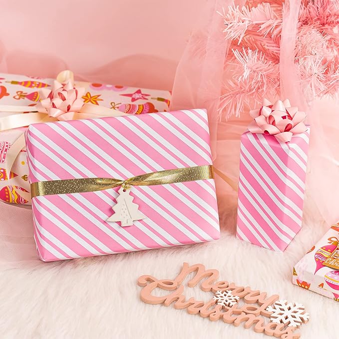 MAYPLUSS Christmas Reversible Wrapping Paper Roll - 17 Inch X 32.8 Feet - Retro Pink Christmas Ornaments and Diagonal Stripes Design Gift Wrap Paper for Christmas, Holiday, New Year Baby Shower