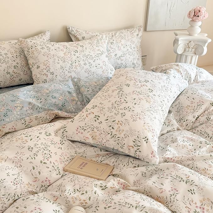 EAVD Girls Floral Botanical Duvet Cover Twin Soft Cotton Chic Shabby Garden Floral Leaves Print Bedding Set with 2 Pillowcases Fresh Cute Floral Comforter Cover with Zipper Closure