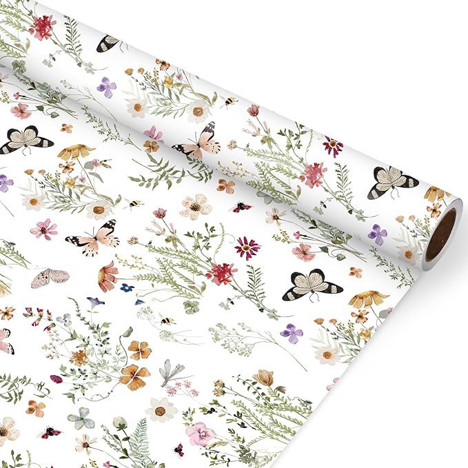 JarThenaAMCS Wildflower Wrapping Paper -Mini Roll- 17 Inch x 32.8Ft Watercolor Floral Butterfly Gift Wrap Paper Spring Art Paper for Wedding Bridal Baby Shower DIY Craft