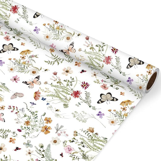 JarThenaAMCS Wildflower Wrapping Paper -Mini Roll- 17 Inch x 32.8Ft Watercolor Floral Butterfly Gift Wrap Paper Spring Art Paper for Wedding Bridal Baby Shower DIY Craft