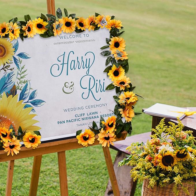 4 Pack Sunflower Garland Fall Girasoles Decorations,7.5ft Silk Artificial Sunflowers Fake Hanging Vines with Green Leaves Garland for Birthday Backdrop Outdoor Wedding Decor