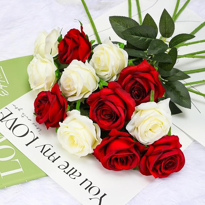Red Fake Roses Artificial Flowers - 10 Pcs Fake Artificial Roses Silk Flowers with Stems for Home Wedding Hotel Office Centerpiece Decor