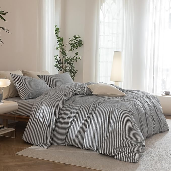 JIYUAN 100% Washed Cotton Striped Duvet Cover Set 3 Pieces Queen, 1 Duvet Cover and 2 Pillowcases(Comforter Not Included),Linen Like Comfy and Breathable,Pinstripes-Heathered Dark Grey White