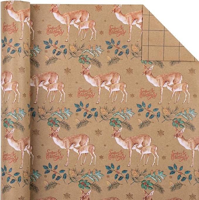 WRAPAHOLIC 30 Inch Kraft Christmas Wrapping Paper - 30 Inch x 33 Feet - Reindeer Wrapping Paper with Holly Design for Christmas, Holiday, Party Celebration