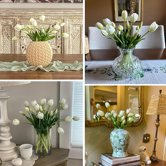 10PCS White Fake Tulips Artificial Flowers Real Touch Latex Faux Tulips UV Resistant Fake Flowers Bouquet for Table Home Decor Party Wedding Garden Decoration