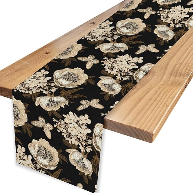 Boho Floral Table Runner, Retro Bohemian Abstract Flower Leaves Black Gothic Print Table Center Decor for Family Kitchen Table Decorations Indoor Outdoor 13x90 inch