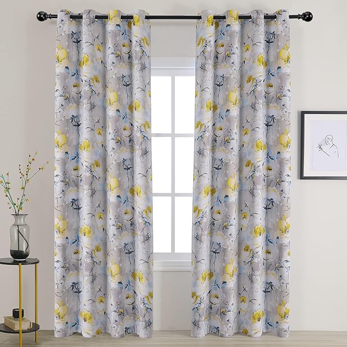 MYSKY HOME Yellow Curtains for Living Room Light Blocking Drapes 90 inches Long 2 Panels Half-Blackout Floral Curtains for Bedroom Window Treatment Grommet, Grey and Yellow