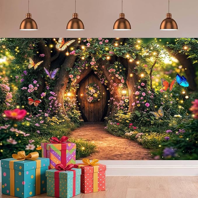5X3ft Enchanted Forest Backdrop Fairy Tale Garden Wonderland Floral Butterfly Photography Background for Kids Girl Baby Shower Birthday Party Decoration Banner Cake Table Photo Booth Props