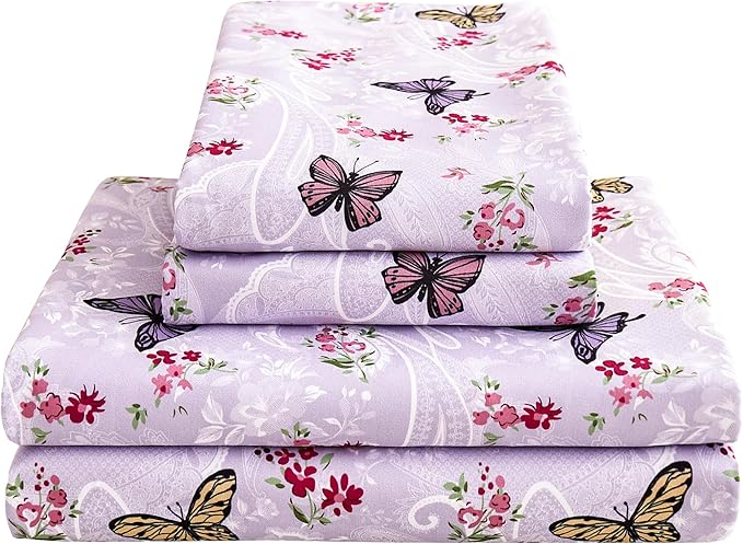 Softan Floral Twin Size Sheet Set, Purple Paisley Flower Printed Sheets for Kids Girls, Brushed Microfiber Fitted Sheet with 15" Deep Pocket & Non-Slip Straps, Butterfly Patterned Sheets